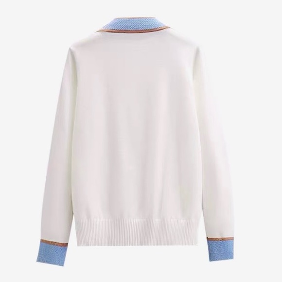 White blue knit button V-neck sweater - Picture 2 of 2